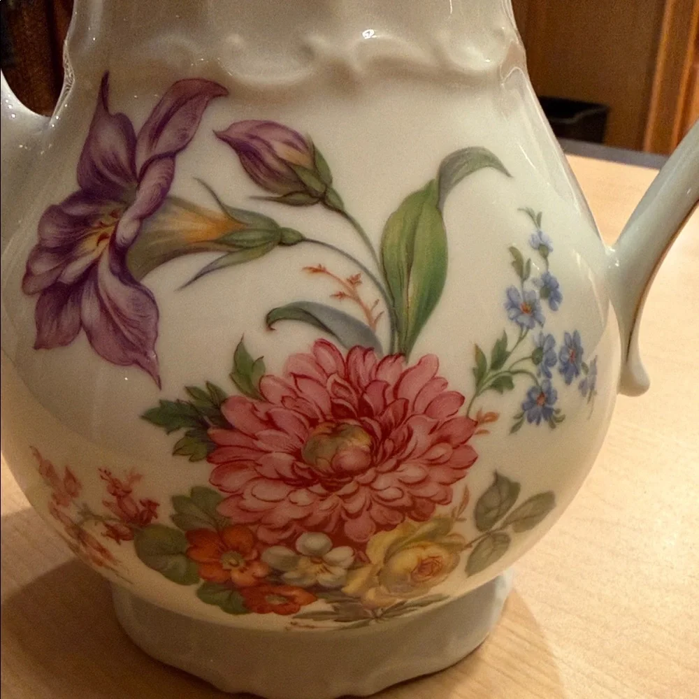 Vintage European Floral Coffee/Tea Pot with Gold Trim 10” tall